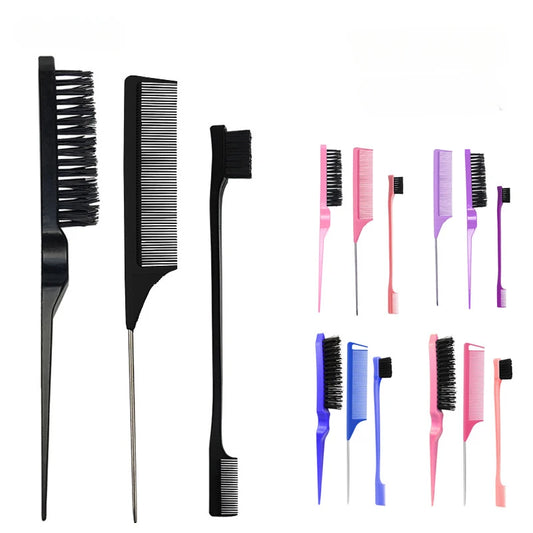 3-Piece Hair Styling Comb Set – Teasing Brush, Rat Tail Combs & Edge Brush