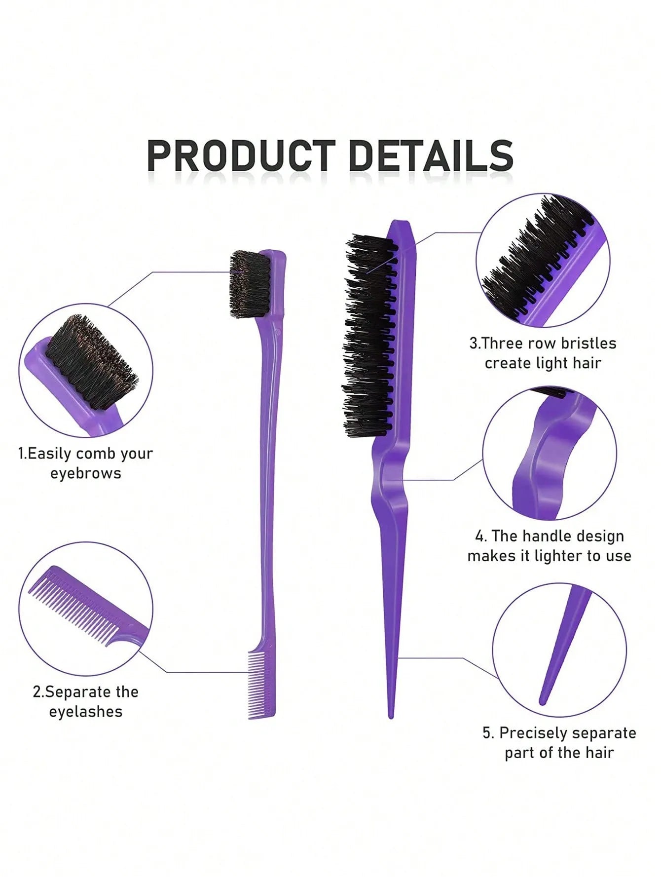 3-Piece Hair Styling Comb Set – Teasing Brush, Rat Tail Comb & Edge Brush