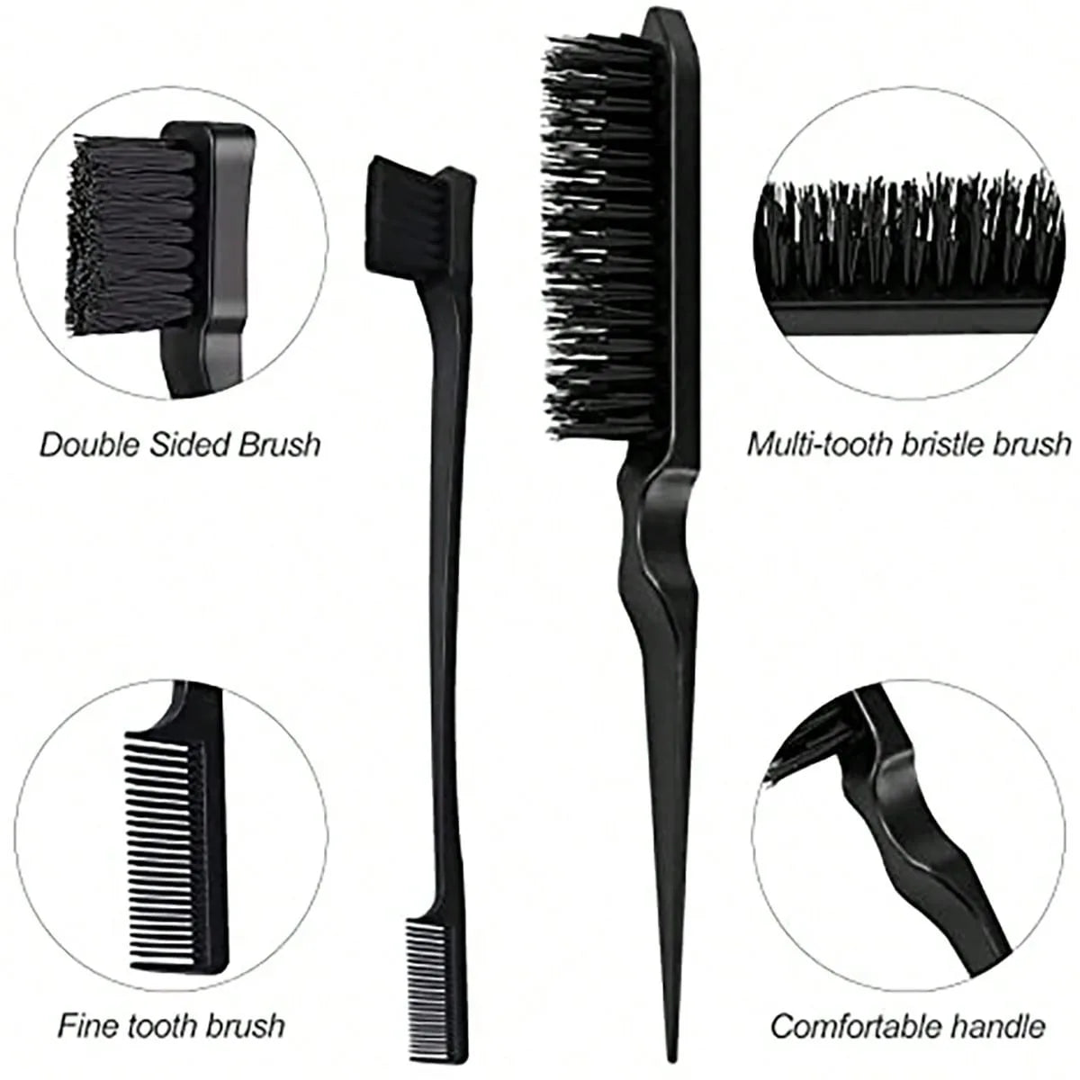 3-Piece Hair Styling Comb Set – Teasing Brush, Rat Tail Comb & Edge Brush